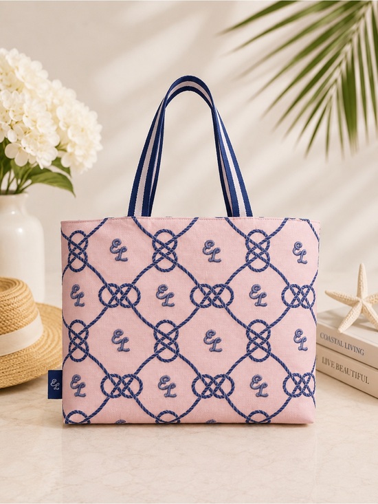 Estee Lauder Handbags - Estée Lauder Pink Blue Nautical Logo Canvas Tote Bag Beach Travel Shopper
